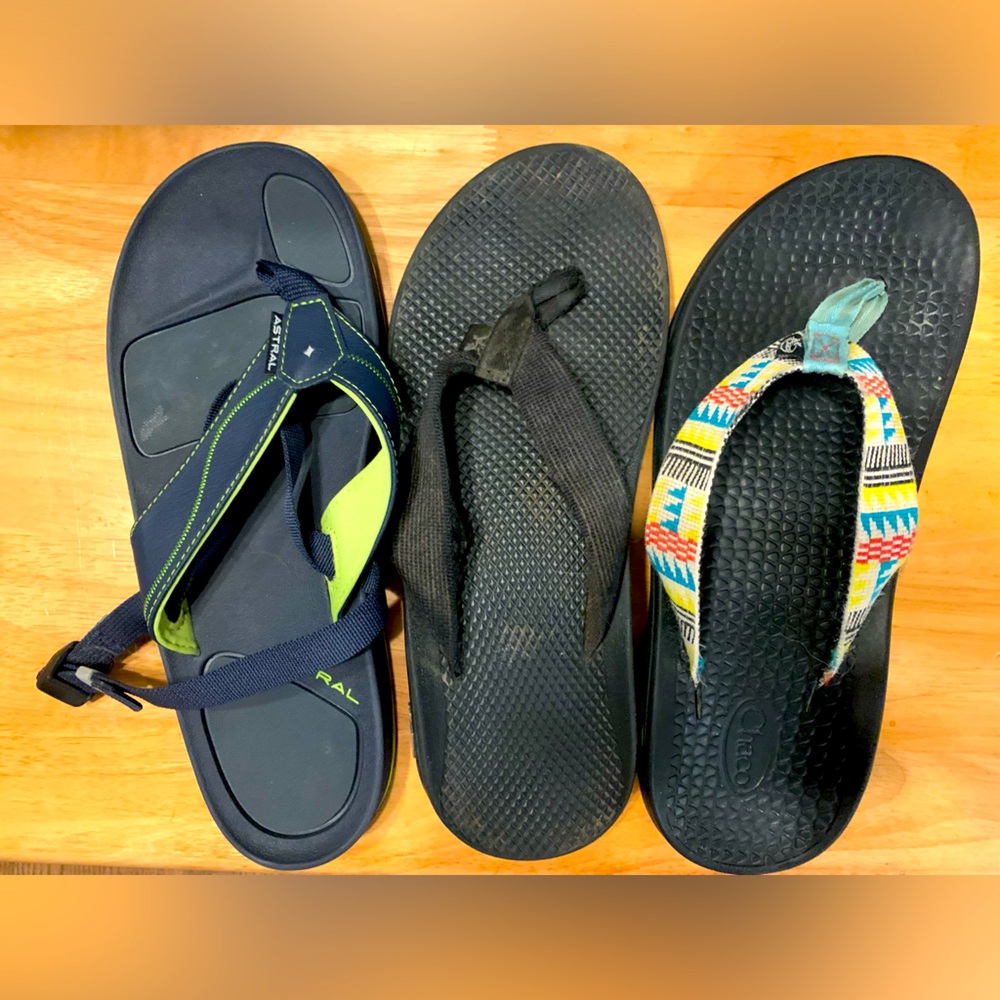 LEFT ONLY three sandals. 1 astral Filipe, 2 Chaco flips. Size 9